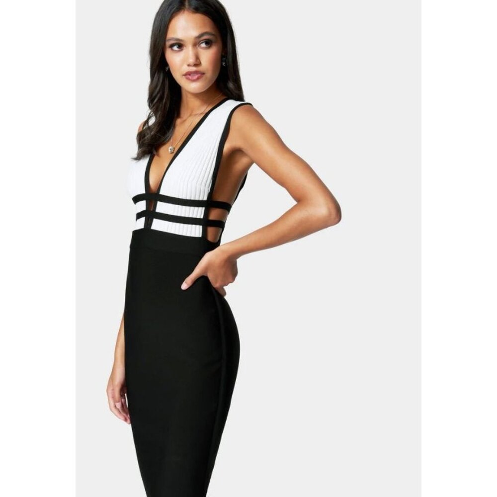 BEBE black Sleeveless Bodycon Dress With Plunging Neckline & Strappy Design Xxs